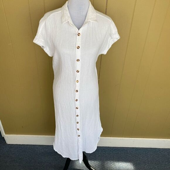 Women’s button down short sleeve maxi collar dress or swim cover up white - Picture 1 of 10